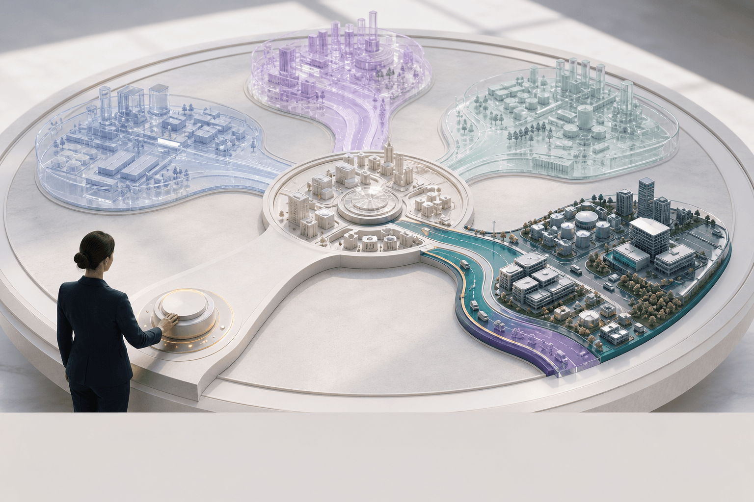 A finance decision owner comparing several simulated enterprise futures and selecting one business direction